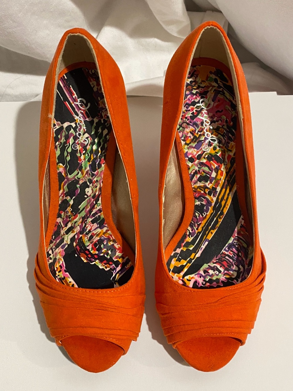 Qupid Women's 7 Orange Retro Party Stilettos Ruched Vamp Peep Toe Platform Heels